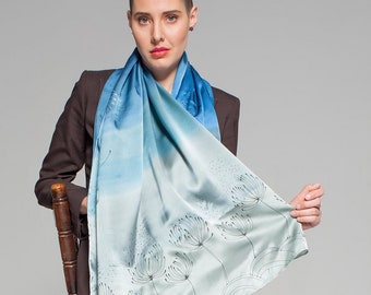 Ombre silk satin shawl. Hand painted scarf, shawl with dandelions. Blue grey botanical shawl. Evening luxury shawl. Woman fashion, gift her