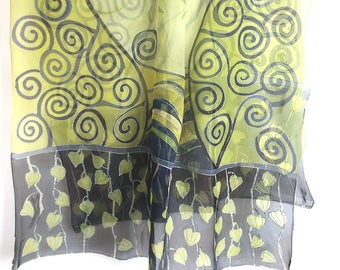 Silk chiffon scarf hand painted | Lime Green and Navy scarf for women| Wedding accessory | bridal shawl | Klimt inspired accessory