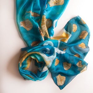 Blue Silk Shawl- Caribbean Breeze. Hand painted scarf/ Seashell shawl painted/ Summer fashion scarf/ Beach fashion/ Painted pareo