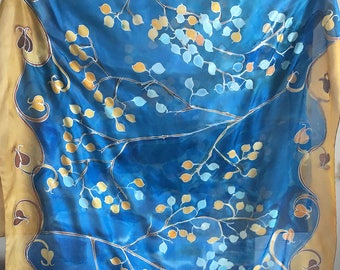 100% Pure Silk Scarf Hand painted | Wedding Shawl in Blue | Long Neck Scarf | Evening scarves | XMas Luxury gift for Woman in Art Deco style