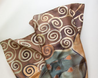 Hand Painted Silk Scarf- Camel Song/ Painted Shawl. Grey Brown silk scarf painted/ Large luxury scarf/ Klimt inspired/ Unique hand made gift