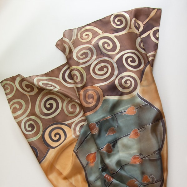 Hand Painted Silk Scarf- Camel Song/ Painted Shawl. Grey Brown silk scarf painted/ Large luxury scarf/ Klimt inspired/ Unique hand made gift