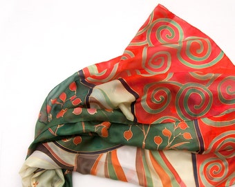 Hand painted silk scarf/ Klimt Inspired scarf/ Red green shawl/ Ethereal scarf/ Bright Summer scarf/ Women scarf art deco style Gift for mom