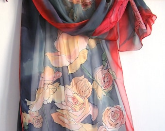 Red Silk chiffon scarf- Roses garden, Luxury Silk Scarf, Handmade gift her, Lightweight shawl, Hand painted silk scarf, Bridal accessory