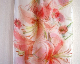 Hand Painted Scarf Coral Lilies Floral lightweight shawl Mothers Day gift Wedding accessories Bridal Gift for her Silk Painting