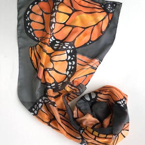 Hand painted silk scarf Coral Butterflies Wings Dark gray shawl painted Woman fashion scarf Butterfly scarves Wedding accessory Wings scarf image 7