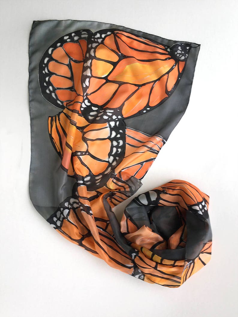 Hand painted silk scarf Coral Butterflies Wings Dark gray shawl painted Woman fashion scarf Butterfly scarves Wedding accessory Wings scarf image 7