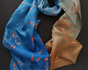 Long Elegant Silk Scarf in Blue Cognac Gradation, Copper Leaves Decoration, Duo Toned Neck Scarf Hand Painted, Fall Inspired, Botanical art
