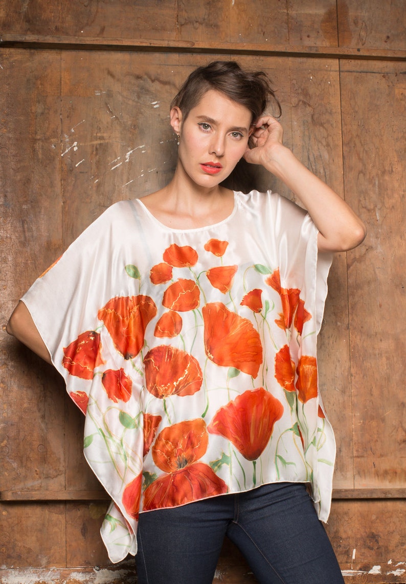 Hand Painted silk satin blouse - Red poppies | Women top painted | Floral Summer fashion blouse. Poppies Art to wear | Silk painting