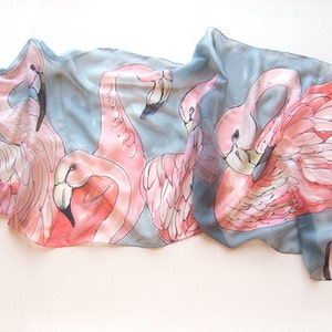 Silk chiffon scarf- Flamingos Dance/ Hand painted scarves | Neon pink and gray foulard/ Birds accessory/ Birthday gift women/ Mothers day