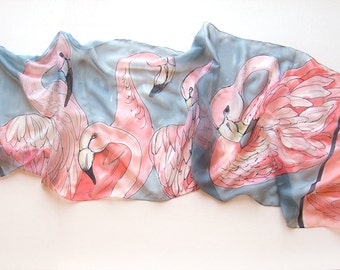 Silk chiffon scarf- Flamingos Dance/ Hand painted scarves | Neon pink and gray foulard/ Birds accessory/ Birthday gift women/ Mothers day