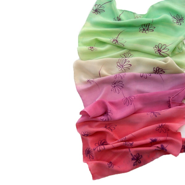 Watermelon Marigolds Ombre scarf. Small silk scarf in green and pink, coral. Hand painted scarves. Womans fashion scarf