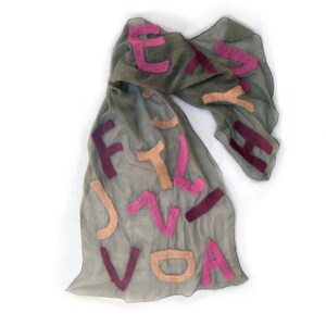 Dancing Letters nuno felted scarf. Felted silk chiffon scarf. Olive green scarf with felt letters. Autumn felt scarf. Long fashion scarf image 3