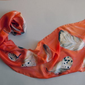 100% Silk Scarf | Feathers Scarf Hand painted | Long Neck scarf | Birds lover | Coral Silk scarf Woman | Luxury Woman Valentines Day Gift