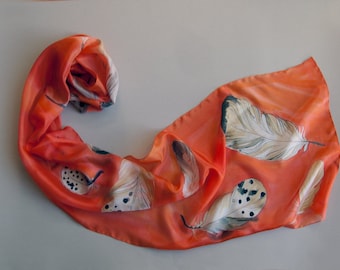 100% Silk Scarf | Feathers Scarf Hand painted | Long Neck scarf | Birds lover | Coral Silk scarf Woman | Luxury Woman Valentines Day Gift