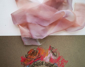 Dusty Rose and Light Quartz Crinkle Silk Ribbon | 100% Silk Chiffon | Wedding bridal bouquet, Hand torn, hand painted ribbon, Invitations
