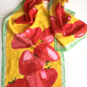 Strawberry silk scarf hand painted. Bright summer scarf in yellow and red/ Fruits scarves/ Unique handmade scarf/ Women accessory