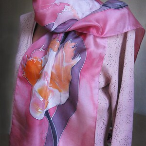 Tulip Blush Silk Scarf Hand Painted, Long Neck Scarf, Artistic Lady Gift, Floral Accessory, Spring Garden, Mom The Perfect Style, OOAK gift image 4