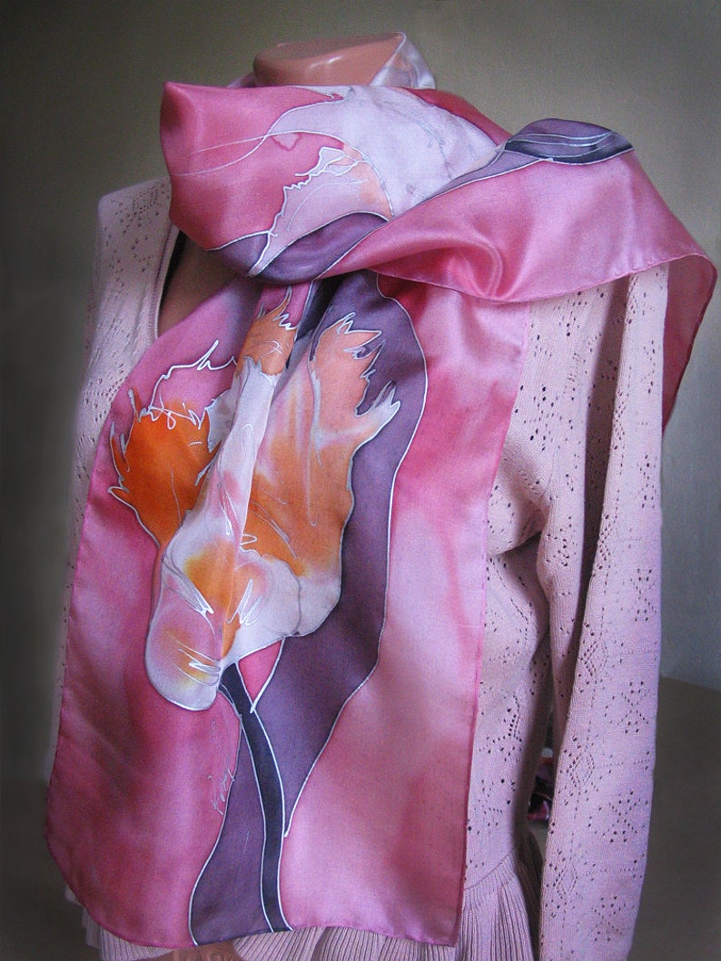 Tulip Blush Silk Scarf Hand Painted, Long Neck Scarf, Artistic Lady Gift, Floral Accessory, Spring Garden, Mom The Perfect Style, OOAK gift image 4