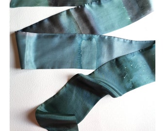 Sage Green Silk HAIR TIE Hand Painted | Long Neck Scarf | Abstract Stripped Design | Skinny Scarves | Headband Gray | XMas gift Teen