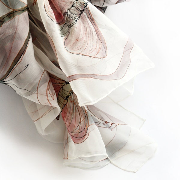 Butterfly silk scarf/ Hand painted scarves. Lightweight scarf in Pastel pink. Silk chiffon scarf/ Wedding accessory, bridesmaids gift KM17