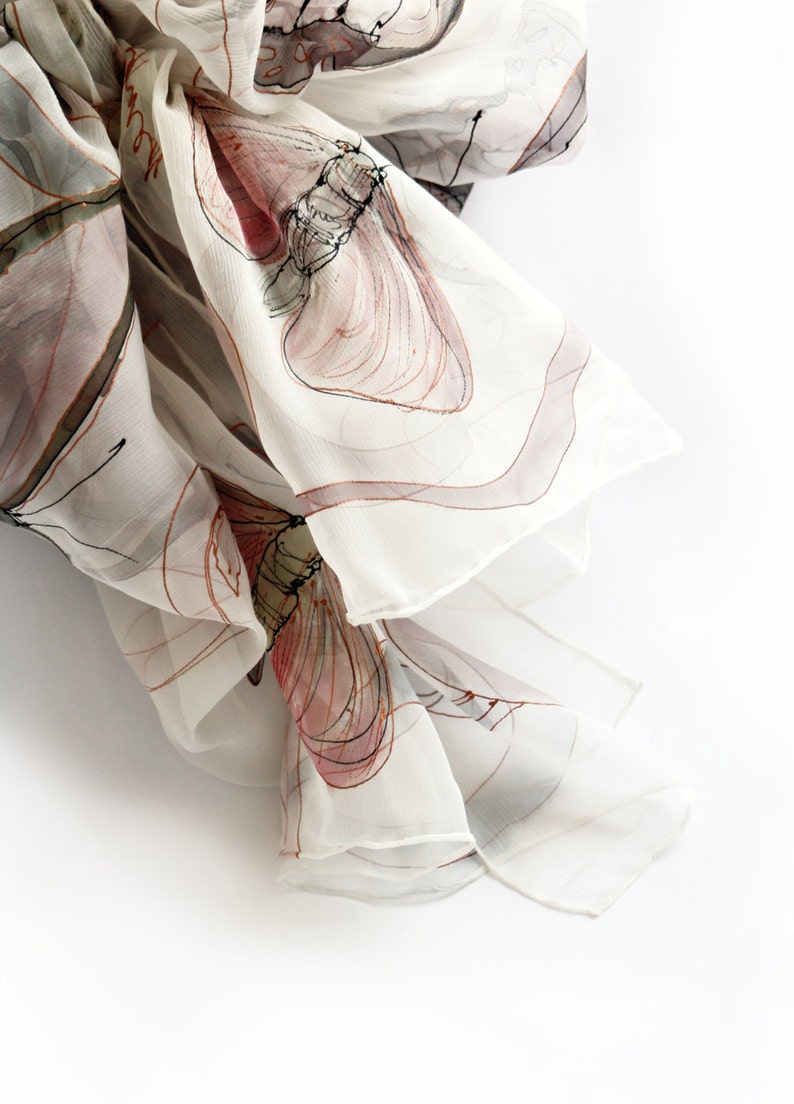 Butterfly silk scarf/ Hand painted scarves. Lightweight scarf in Pastel pink. Silk chiffon scarf/ Wedding accessory, bridesmaids gift KM17 image 1