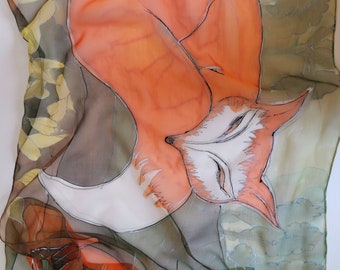 Foxy Silk Chiffon Scarf Hand Painted | Animal motif | Forest Green & Orange foulard for woman | Foxy addicted gift | Painted scarves OOAK