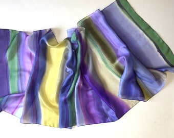 Silk Scarf The  Lilacs Stripes | Silk Scarf Woman | Hand painted silk scarf | Long Neck scarf | Abstract painting | Mother's Day gift