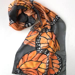 Hand painted silk scarf Coral Butterflies Wings Dark gray shawl painted Woman fashion scarf Butterfly scarves Wedding accessory Wings scarf image 8