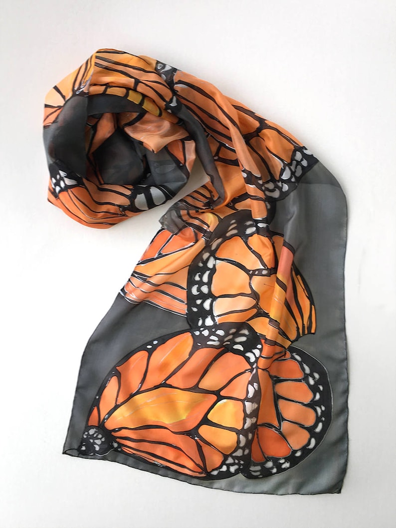 Hand painted silk scarf Coral Butterflies Wings Dark gray shawl painted Woman fashion scarf Butterfly scarves Wedding accessory Wings scarf image 8