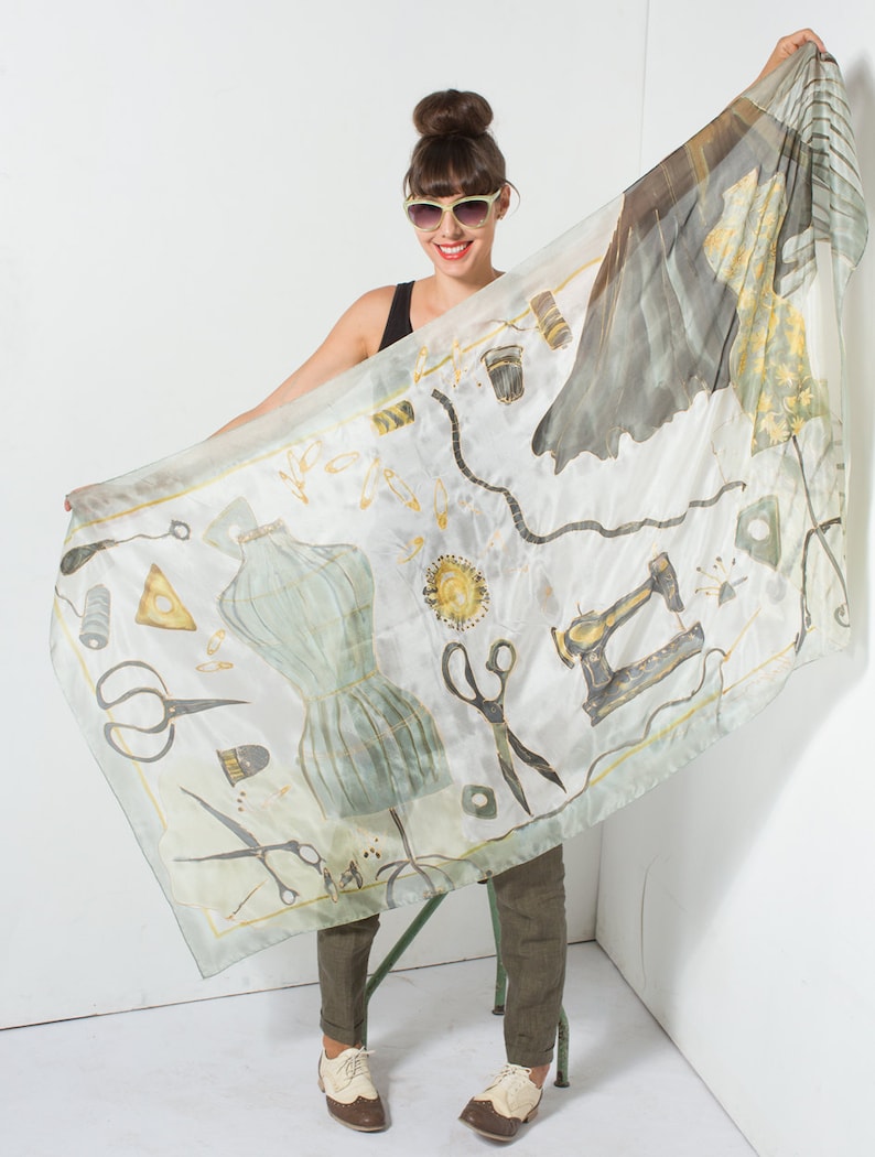 Designer silk scarf - Dressmakers atelier, Hand painted silk muffler, Evening shawl, Long elegant scarf in gray taupe palette, Unique gift