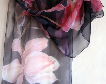 Hand painted scarf- A Shy Magnolia. Black pink scarf, Silk chiffon scarf, Magnolias scarf, Lightweight scarves Summer fashion Handmade scarf