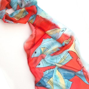 Hand painted silk scarf-Happy Fishes/ Red and aqua silk scarf 17 by 70/ Animal scarves/ Bright summer scarf/ Zodiac scarf/ Birthday gift her