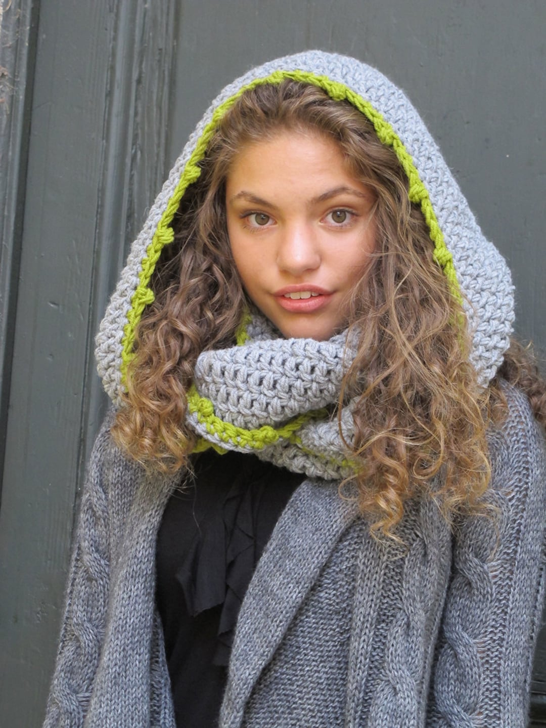 Hooded Scarf/ Light Gray Lime Scarf/ Rounded Crochet Hoody - Etsy