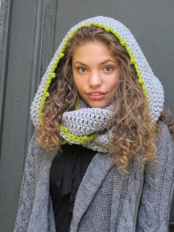 Hooded Scarf/ Light Gray Lime Scarf/ Rounded Crochet Hoody - Etsy Ireland