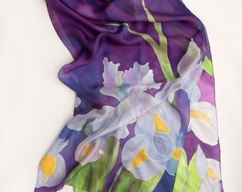 Hand painted silk scarf- The Lilac Irises. Purple Floral scarves, Flowers Painting, Unique Mothers Day gift, OOAK Handmade Scarf Woman,