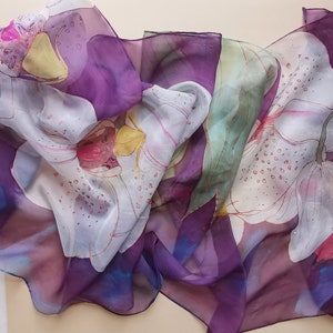 Purple Orchids Silk Scarf hand painted | Long neck scarves | Birthday gift mum | Unique gits for her | Floral fashion | Silk painting