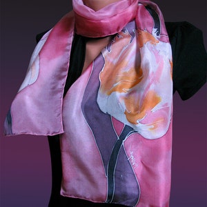 Tulip Blush Silk Scarf Hand Painted, Long Neck Scarf, Artistic Lady Gift, Floral Accessory, Spring Garden, Mom The Perfect Style, OOAK gift image 3