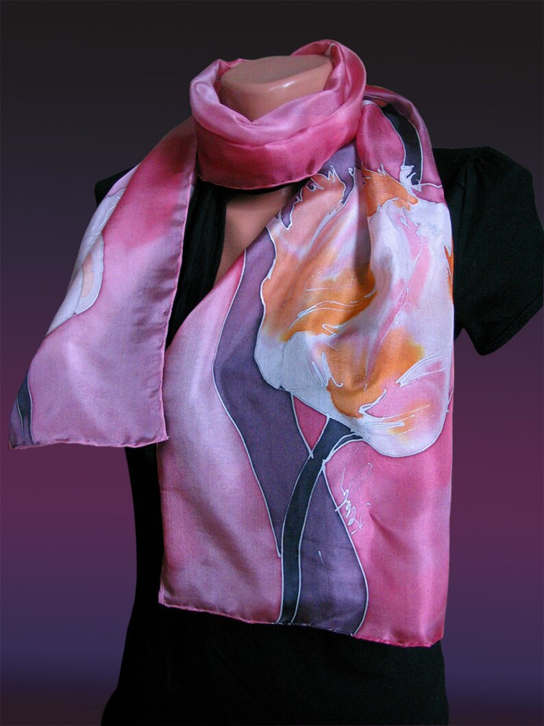 Tulip Blush Silk Scarf Hand Painted, Long Neck Scarf, Artistic Lady Gift, Floral Accessory, Spring Garden, Mom The Perfect Style, OOAK gift image 3