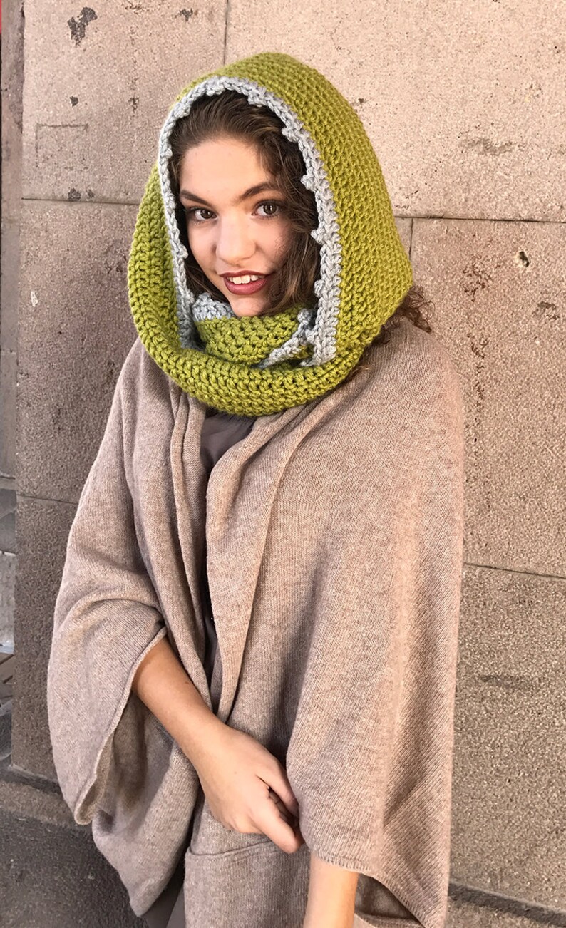 Lime Green Hooded Scarf/ Pom Pom winter rounded scarf/ Crochet Hood Infinity Wool Scarf/ Cowl Winter Accessories/ Hooded Cowl Handmade scarf image 1