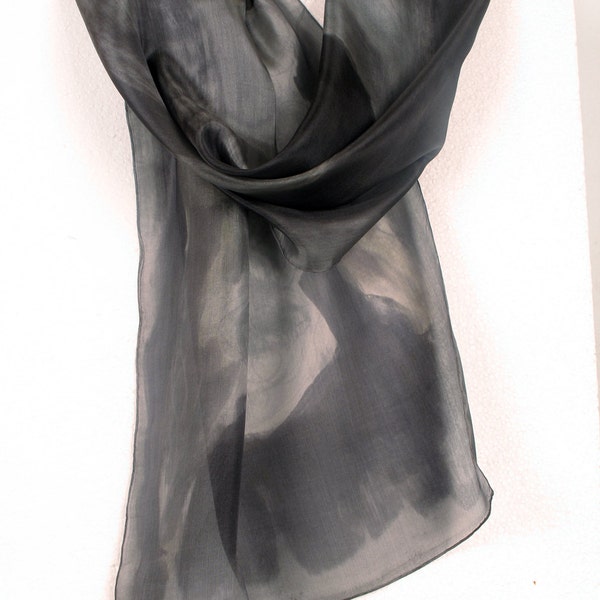 Floral grey scarf handpainted. Long hand painted scarf. Monochromatic scarf. Abstract painting on silk by Dimo. Office fashion. OOAK  scarf
