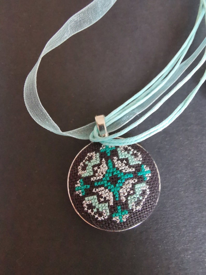 Micro Embroidered necklace teal, Gift for teen daughter, Hand embroidery, Cross stitch pendant necklace, handmade jewelry Minimalist style image 1