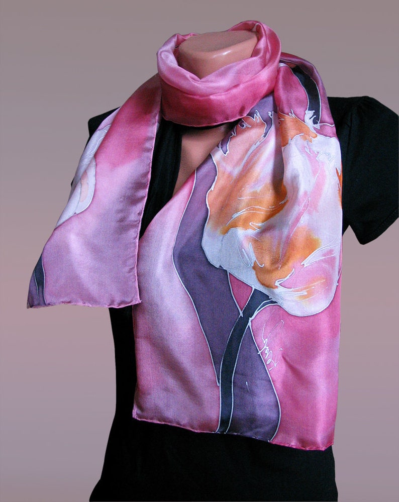 Tulip Blush Silk Scarf Hand Painted, Long Neck Scarf, Artistic Lady Gift, Floral Accessory, Spring Garden, Mom The Perfect Style, OOAK gift image 2