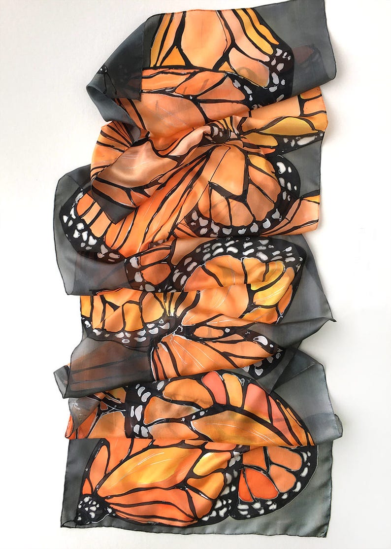 Hand painted silk scarf Coral Butterflies Wings Dark gray shawl painted Woman fashion scarf Butterfly scarves Wedding accessory Wings scarf image 1