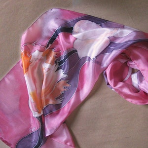 Tulip Blush Silk Scarf Hand Painted, Long Neck Scarf, Artistic Lady Gift, Floral Accessory, Spring Garden, Mom The Perfect Style, OOAK gift image 5