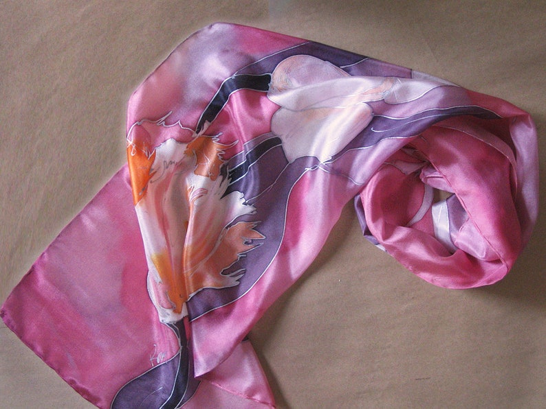 Tulip Blush Silk Scarf Hand Painted, Long Neck Scarf, Artistic Lady Gift, Floral Accessory, Spring Garden, Mom The Perfect Style, OOAK gift image 5