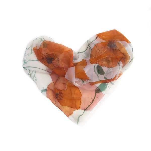 Hand painted Silk scarf/ Orange Poppies scarf/ Silk Chiffon scarf / Floral Silk Scarf/ Woman fashion scarf/  Holiday gifts, Unique gift mom