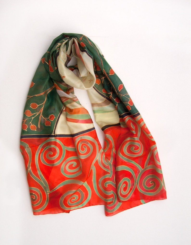 Hand painted silk scarf/ Klimt Inspired scarf/ Red green shawl/ Ethereal scarf/ Bright Summer scarf/ Women scarf art deco style Gift for mom