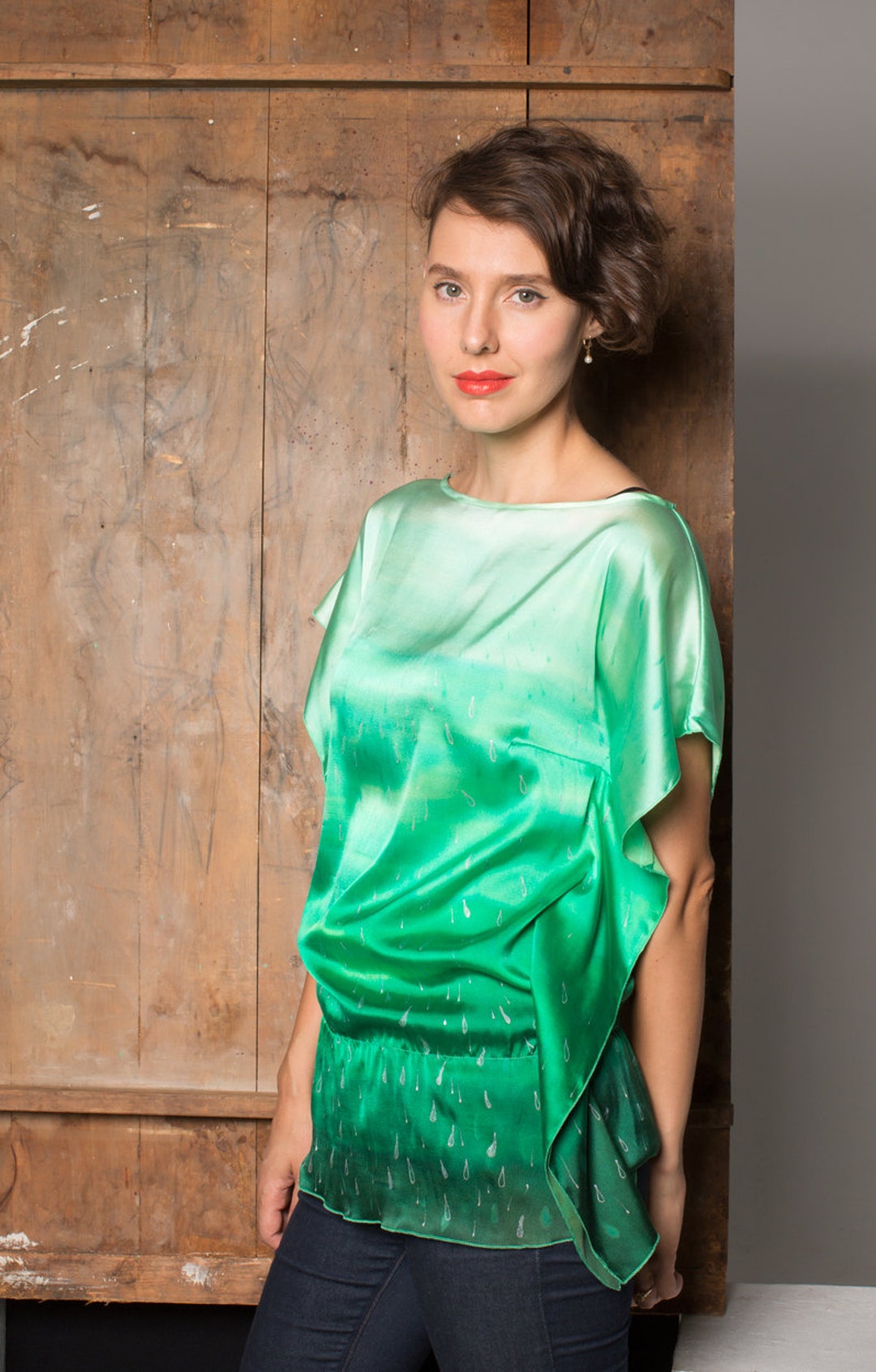 Silk Patchwork Blouse With Multicolor Abstract Oil Paint Panel For Summer Fitted Top main image 0
