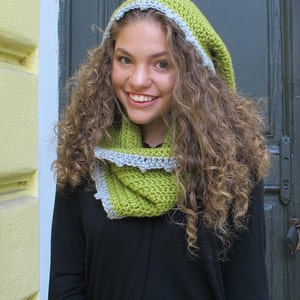 Lime Green Hooded Scarf/ Pom Pom winter rounded scarf/ Crochet Hood Infinity Wool Scarf/ Cowl Winter Accessories/ Hooded Cowl Handmade scarf image 4